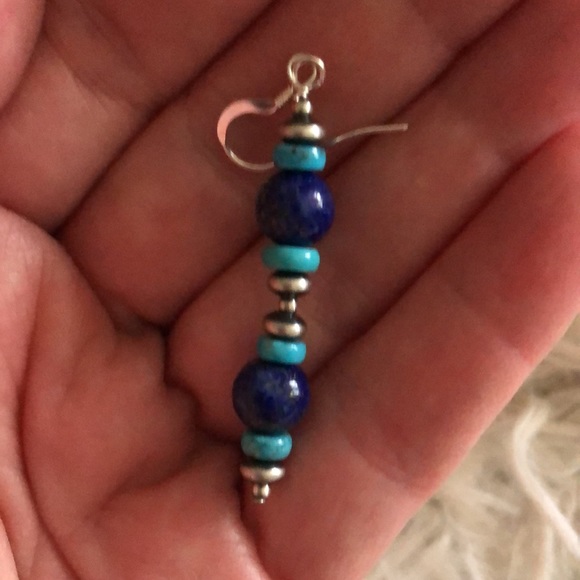 Sterling Lapis & Turquoise Beaded Navajo Earrings - Picture 2 of 2